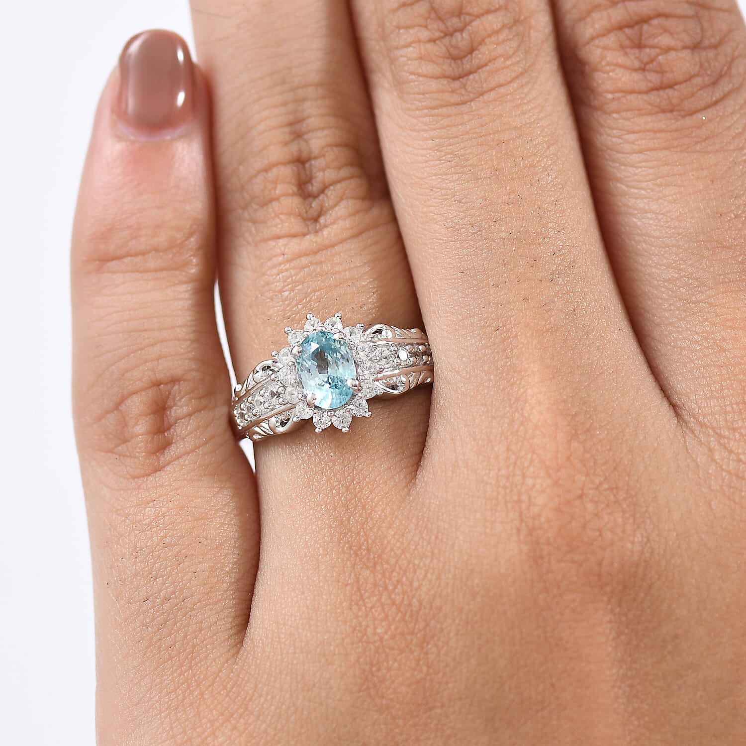 D'Joy Blue Zircon and White Zircon 1.90 ctw Ring in Rhodium Over Sterling Silver (Size 5.0)