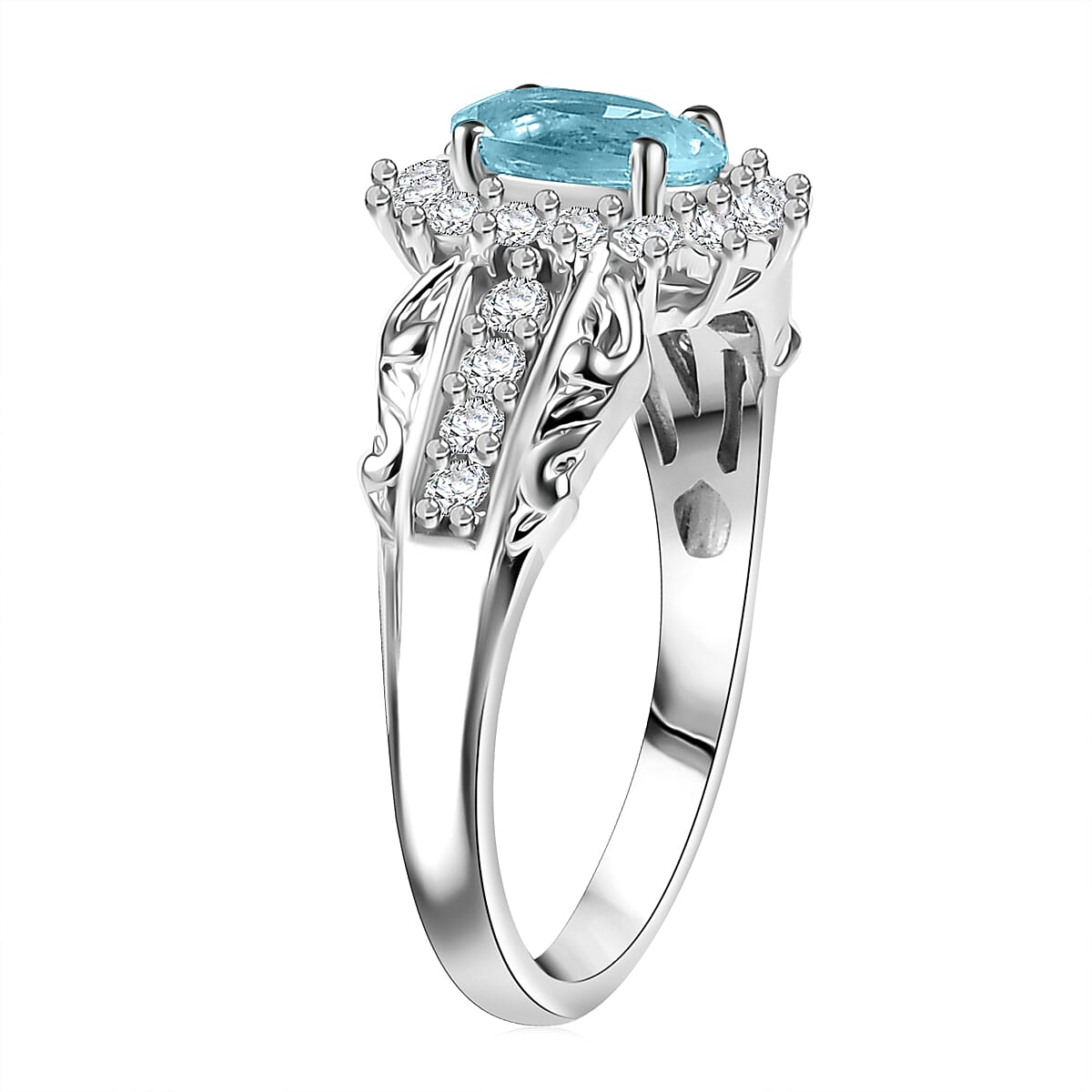 D'Joy Blue Zircon and White Zircon 1.90 ctw Ring in Rhodium Over Sterling Silver (Size 5.0)