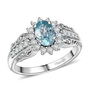 D'Joy Blue Zircon and White Zircon 1.90 ctw Ring in Rhodium Over Sterling Silver (Size 7.0)