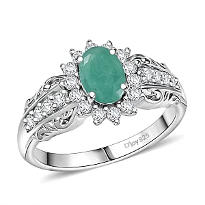 D'Joy Socoto Emerald and White Zircon 1.30 ctw Ring in Rhodium Over Sterling Silver (Size 7.0)