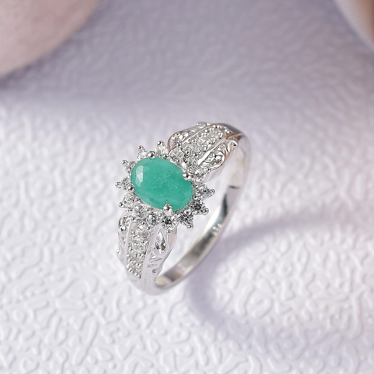 D'Joy Socoto Emerald and White Zircon 1.30 ctw Ring in Rhodium Over Sterling Silver (Size 7.0) image number 1