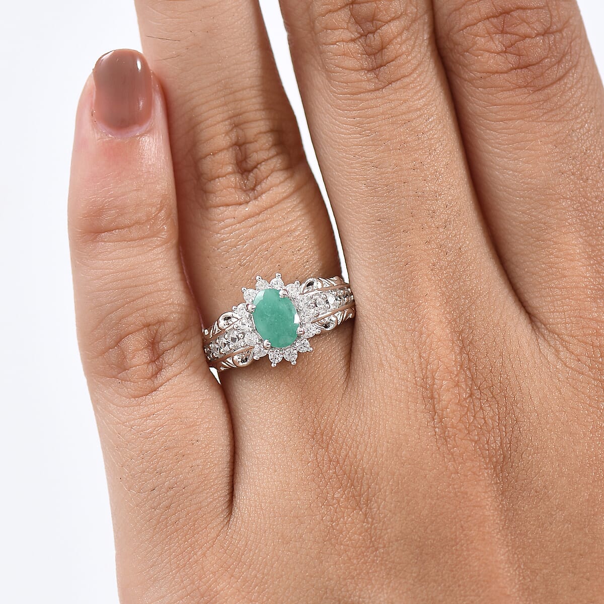 D'Joy Socoto Emerald and White Zircon 1.30 ctw Ring in Rhodium Over Sterling Silver (Size 7.0) image number 2