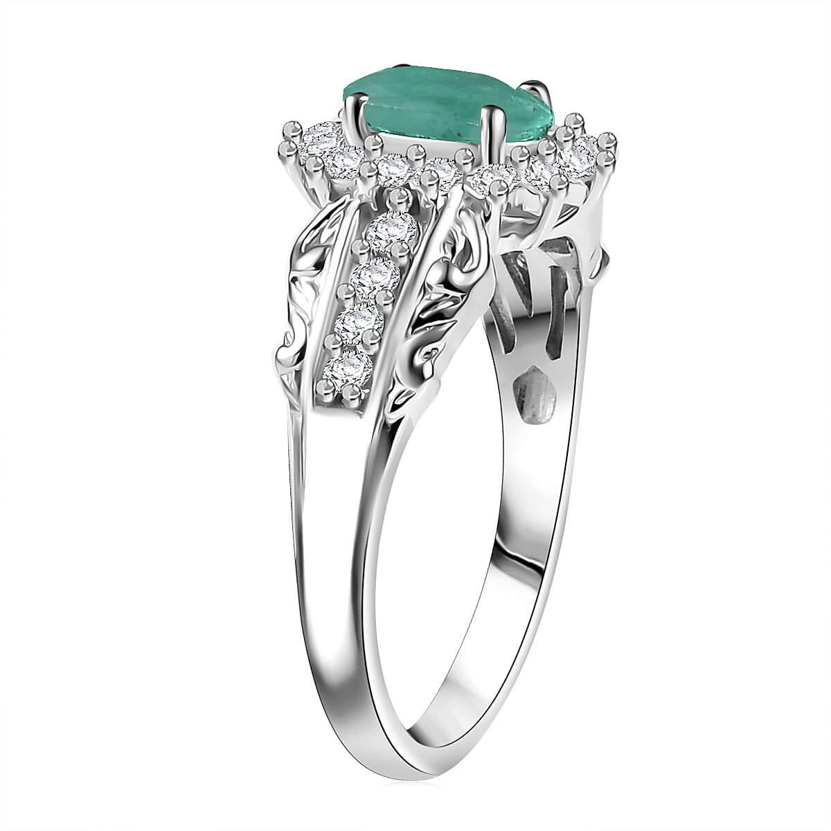 D'Joy Socoto Emerald and White Zircon 1.30 ctw Ring in Rhodium Over Sterling Silver (Size 7.0) image number 3
