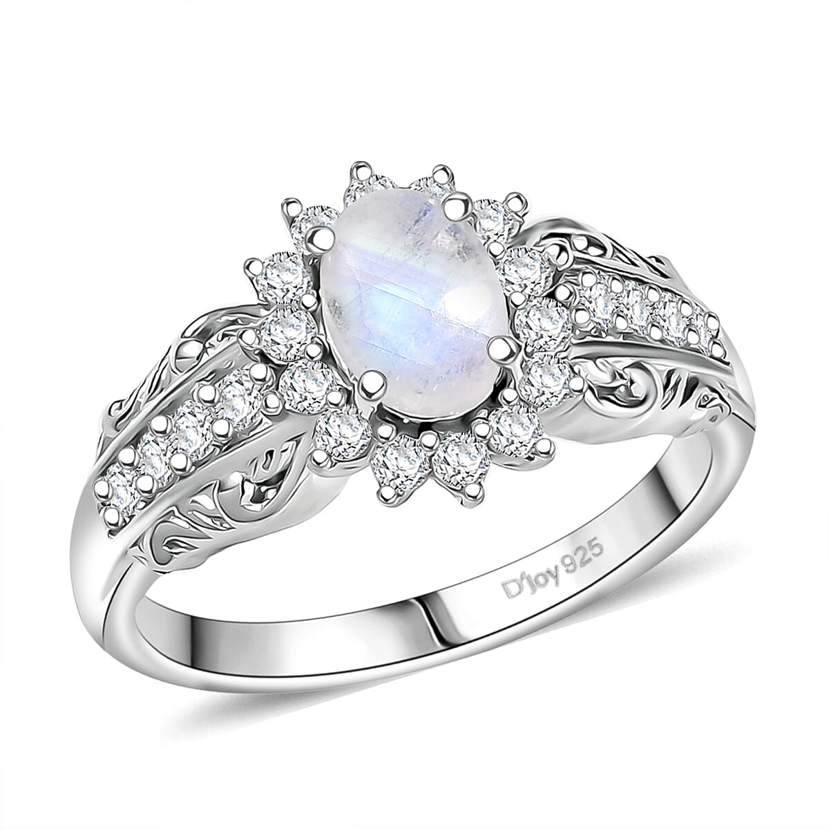 D'Joy Rainbow Moonstone and White Zircon 1.65 ctw Ring in Rhodium Over Sterling Silver (Size 7.0) image number 0