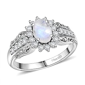 D'Joy Rainbow Moonstone and White Zircon 1.65 ctw Ring in Rhodium Over Sterling Silver (Size 7.0)
