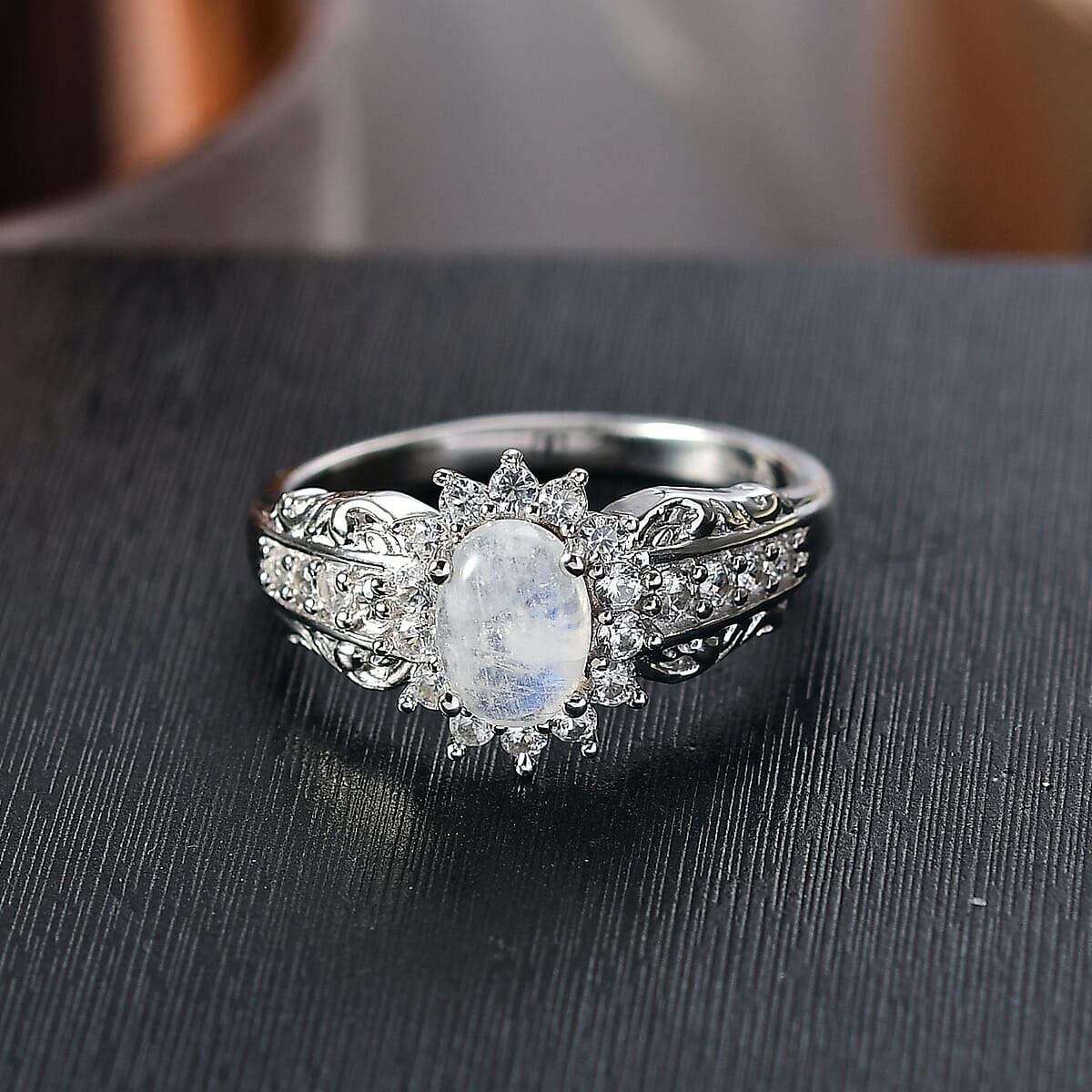 D'Joy Rainbow Moonstone and White Zircon 1.65 ctw Ring in Rhodium Over Sterling Silver (Size 7.0) image number 1