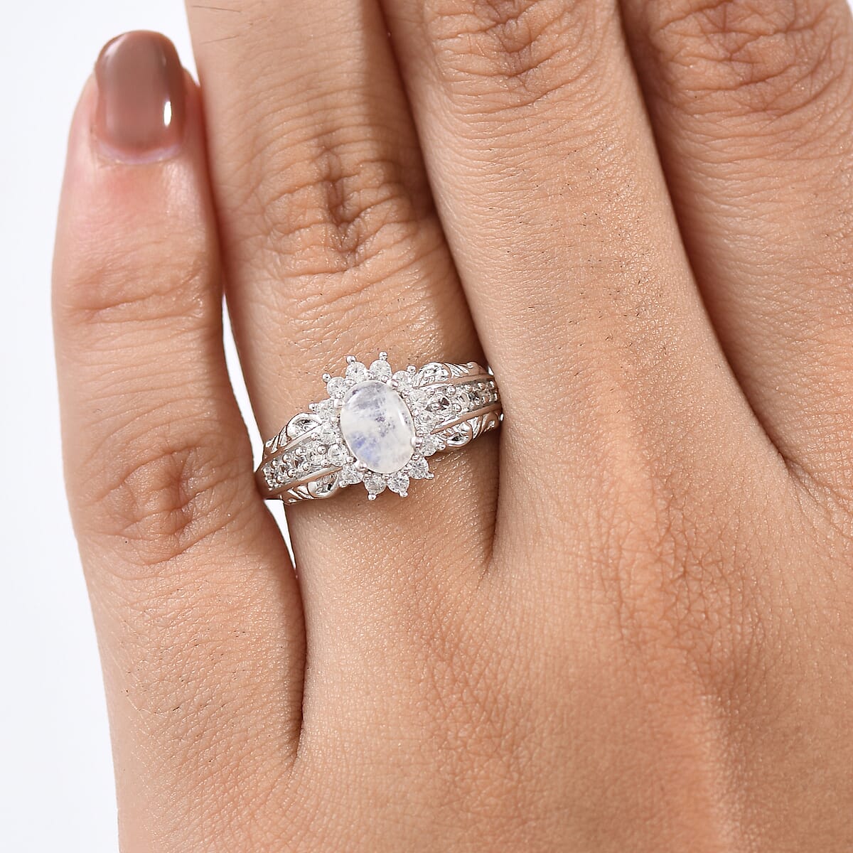 D'Joy Rainbow Moonstone and White Zircon 1.65 ctw Ring in Rhodium Over Sterling Silver (Size 7.0) image number 2