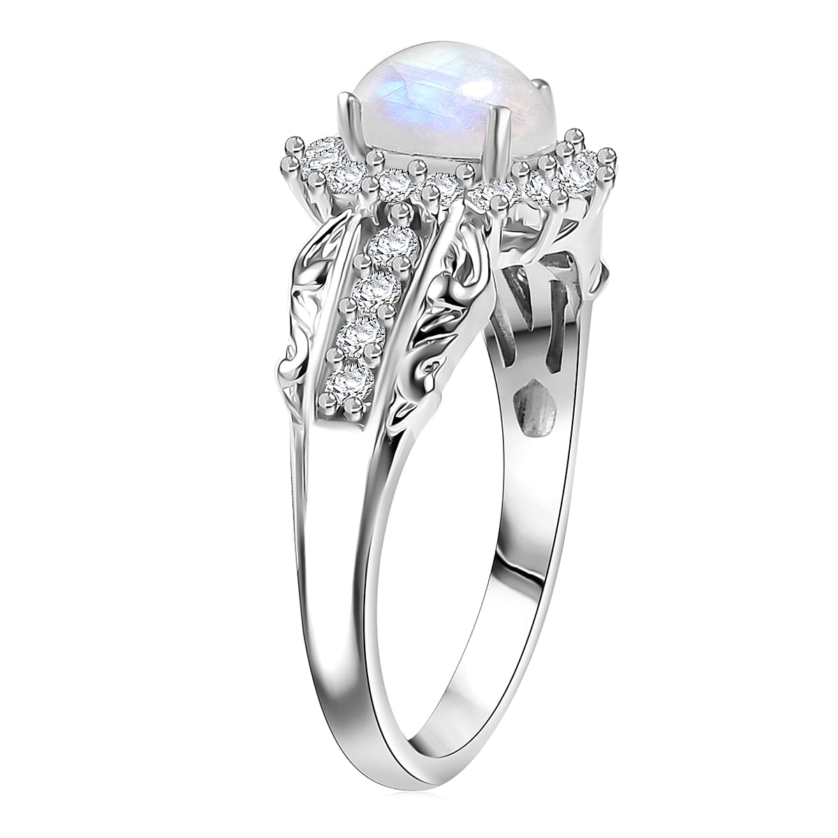 D'Joy Rainbow Moonstone and White Zircon 1.65 ctw Ring in Rhodium Over Sterling Silver (Size 7.0) image number 3
