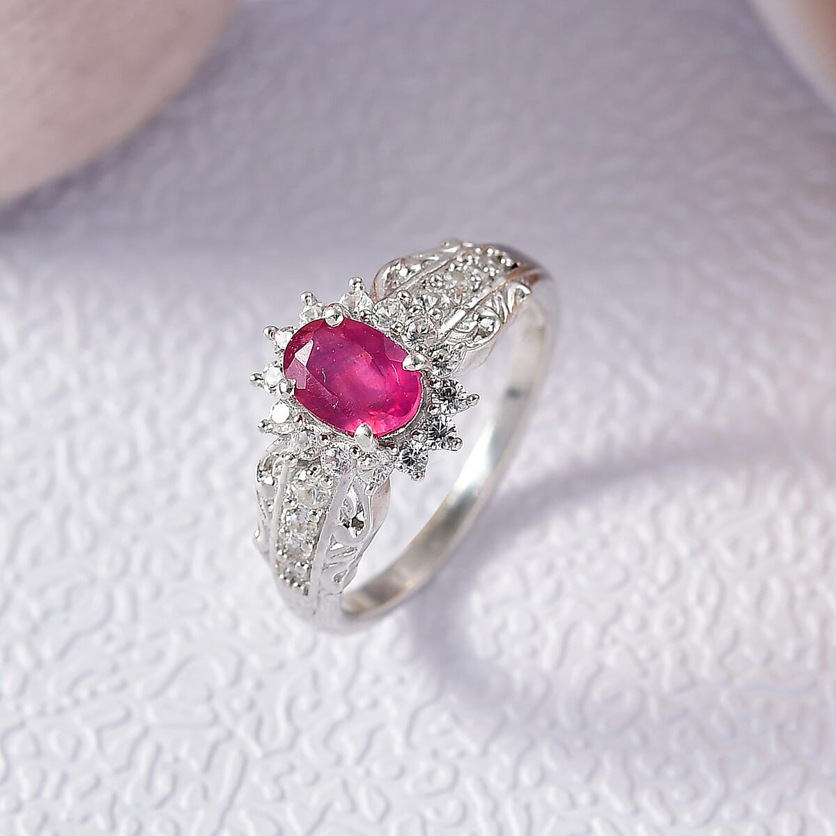 D'Joy Niassa Ruby (FF) and White Zircon 1.65 ctw Ring in Rhodium Over Sterling Silver (Size 7.0) image number 1