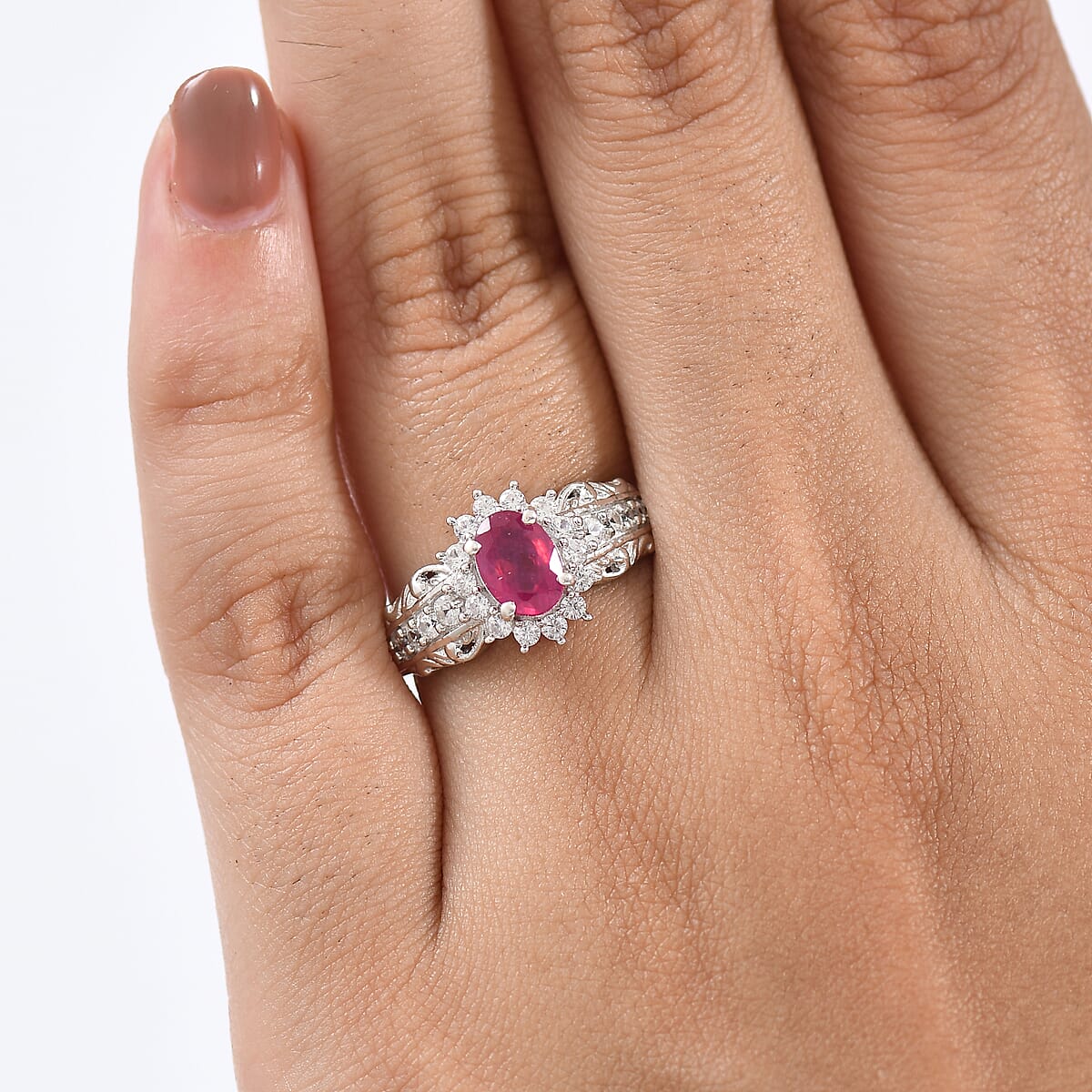 D'Joy Niassa Ruby (FF) and White Zircon 1.65 ctw Ring in Rhodium Over Sterling Silver (Size 7.0) image number 2