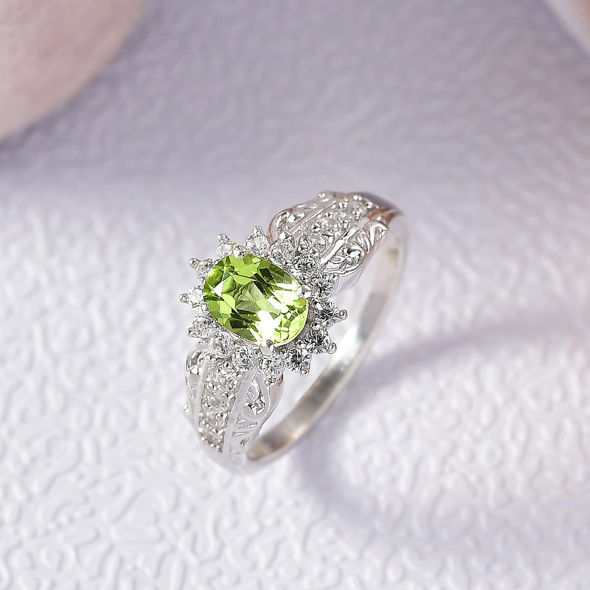 D'Joy Hebei Peridot and White Zircon 1.30 ctw Ring in Rhodium Over Sterling Silver (Size 7.0) image number 1
