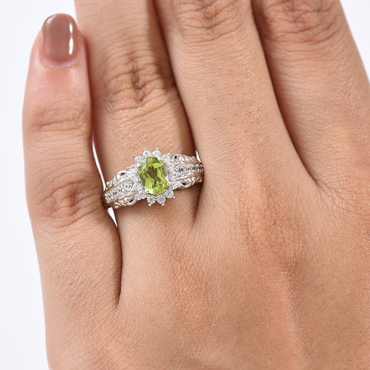 D'Joy Hebei Peridot and White Zircon 1.30 ctw Ring in Rhodium Over Sterling Silver (Size 7.0) image number 2