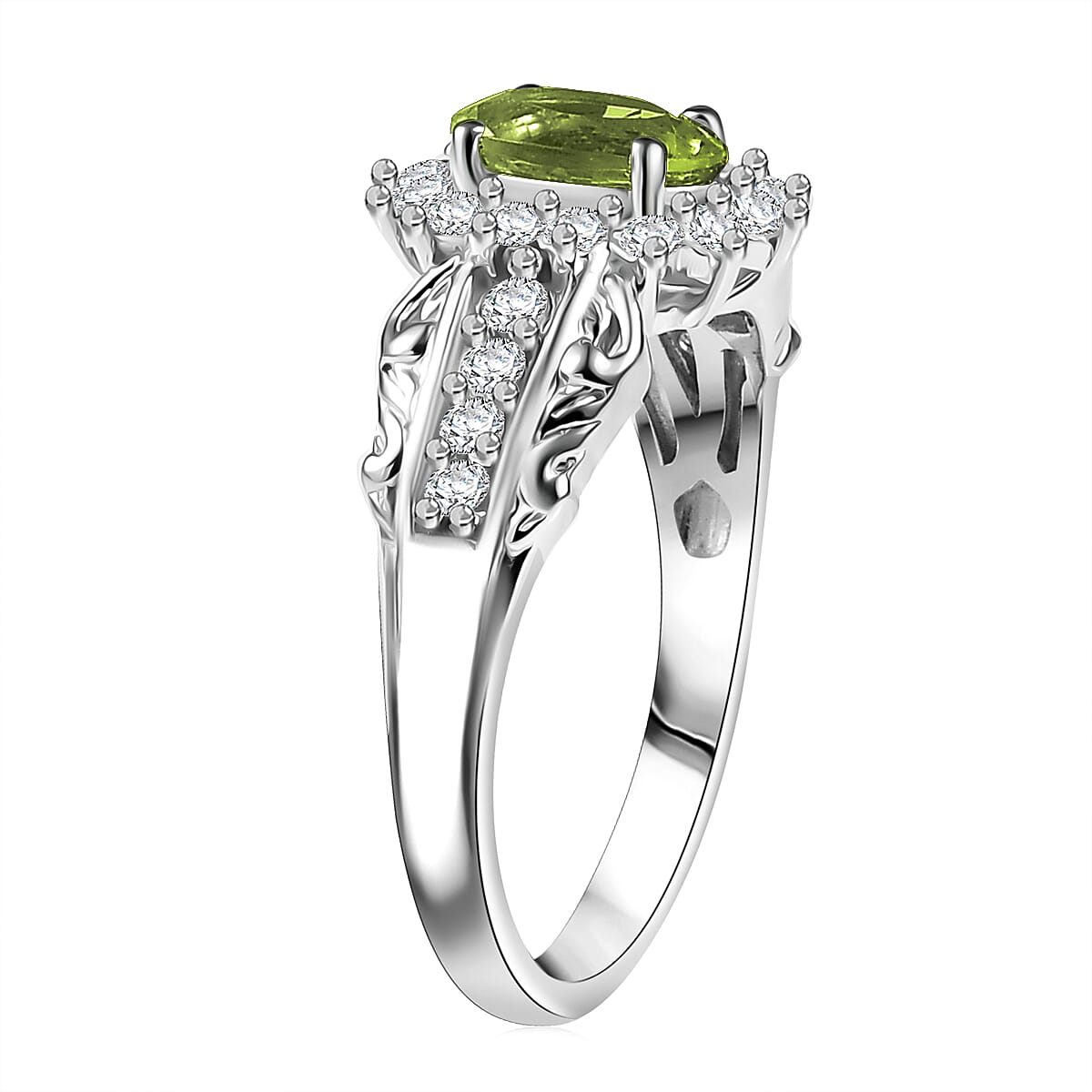 D'Joy Hebei Peridot and White Zircon 1.30 ctw Ring in Rhodium Over Sterling Silver (Size 7.0) image number 3