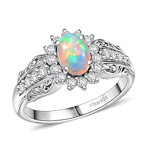 D'Joy Ethiopian Welo Opal and White Zircon 1.00 ctw Ring in Rhodium Over Sterling Silver (Size 7.0)