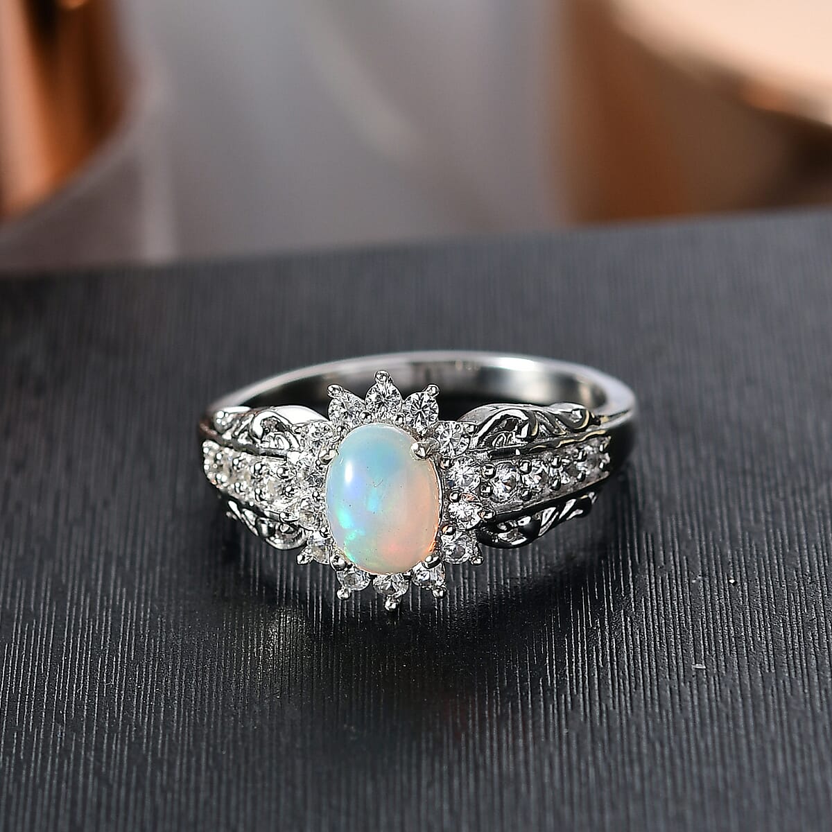 D'Joy Ethiopian Welo Opal and White Zircon 1.00 ctw Ring in Rhodium Over Sterling Silver (Size 7.0) image number 1