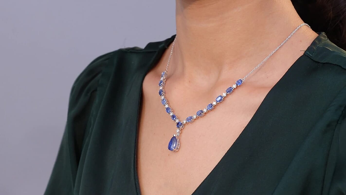 D'Joy Premium Kashmir Kyanite and Moissanite 12.80 ctw Starfall Embrace Necklace 18 Inches in Rhodium Over Sterling Silver