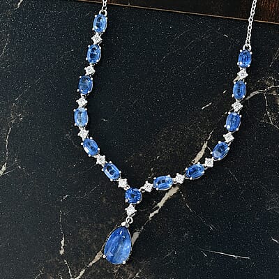 D'Joy Premium Kashmir Kyanite and Moissanite 12.80 ctw Starfall Embrace Necklace 18 Inches in Rhodium Over Sterling Silver