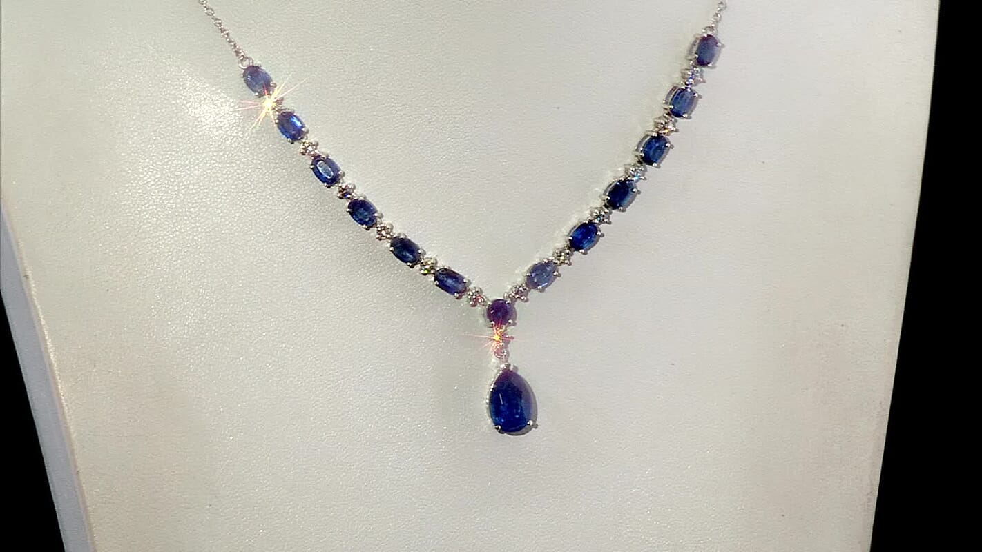 D'Joy Premium Kashmir Kyanite and Moissanite 12.80 ctw Starfall Embrace Necklace 18 Inches in Rhodium Over Sterling Silver