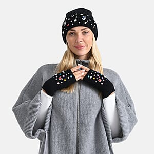 TAMSY Black Acrylic Heavy Knit Gloves with Multi Jewels