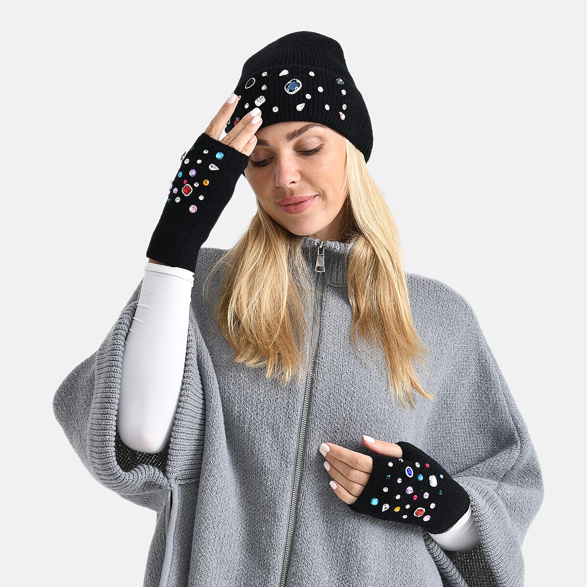 TAMSY Black Acrylic Heavy Knit Gloves with Multi Jewels image number 1