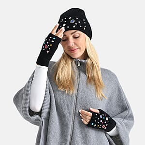 TAMSY Black Acrylic Heavy Knit Gloves with Multi Jewels