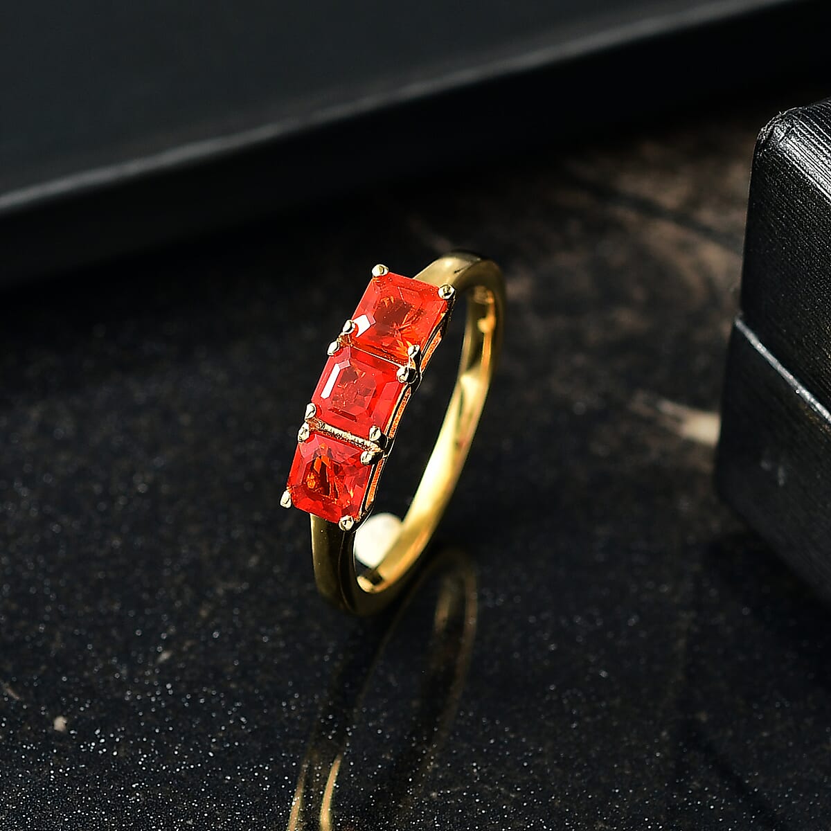 D'Joy Jalisco Fire Opal 0.70 ctw 3 Stone Ring in 18K Yellow Gold Over Sterling Silver (Size 11.5)