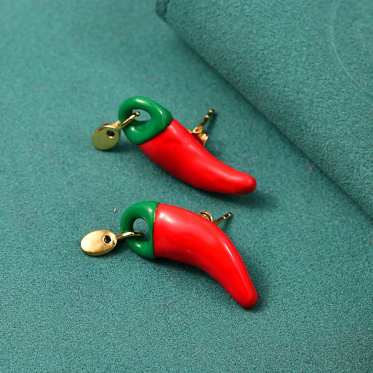 GP Red and Green Enameled Chili Earrings in 18K Vermeil YG Over Sterling Silver