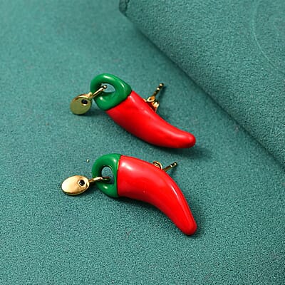 GP Red and Green Enameled Chili Earrings in 18K Vermeil YG Over Sterling Silver