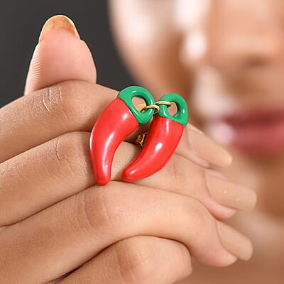 GP Red and Green Enameled Chili Earrings in 18K Vermeil YG Over Sterling Silver
