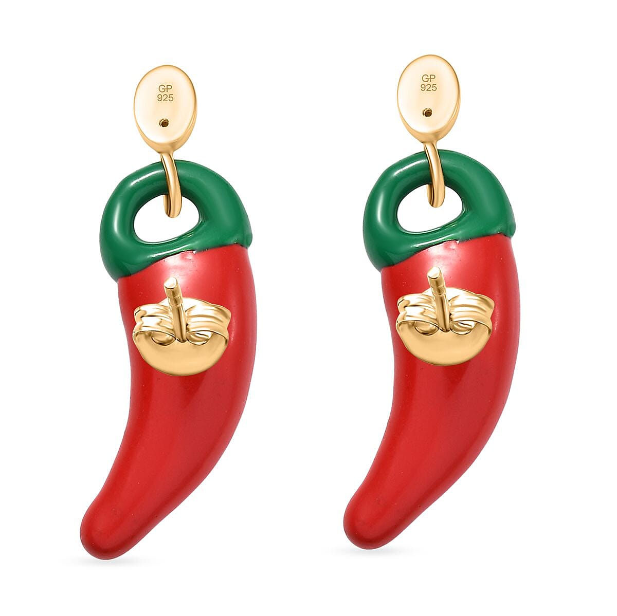 GP Red and Green Enameled Chili Earrings in 18K Vermeil YG Over Sterling Silver