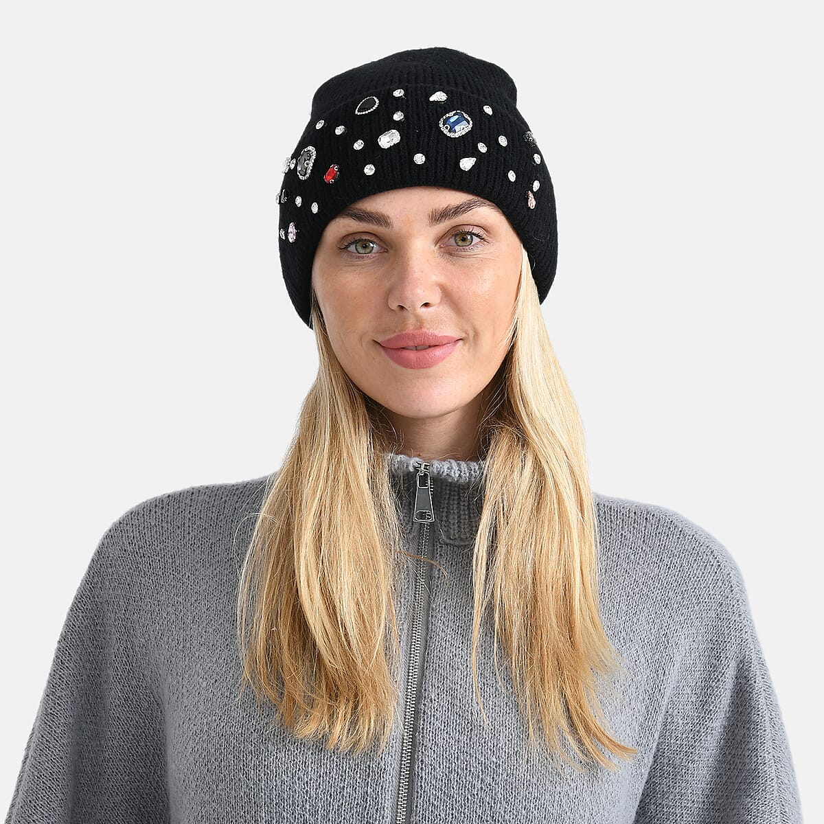 TAMSY Black Acrylic Heavy Knit Beanie with Multi Jewels image number 0
