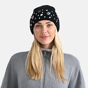 TAMSY Black Acrylic Heavy Knit Beanie with Multi Jewels