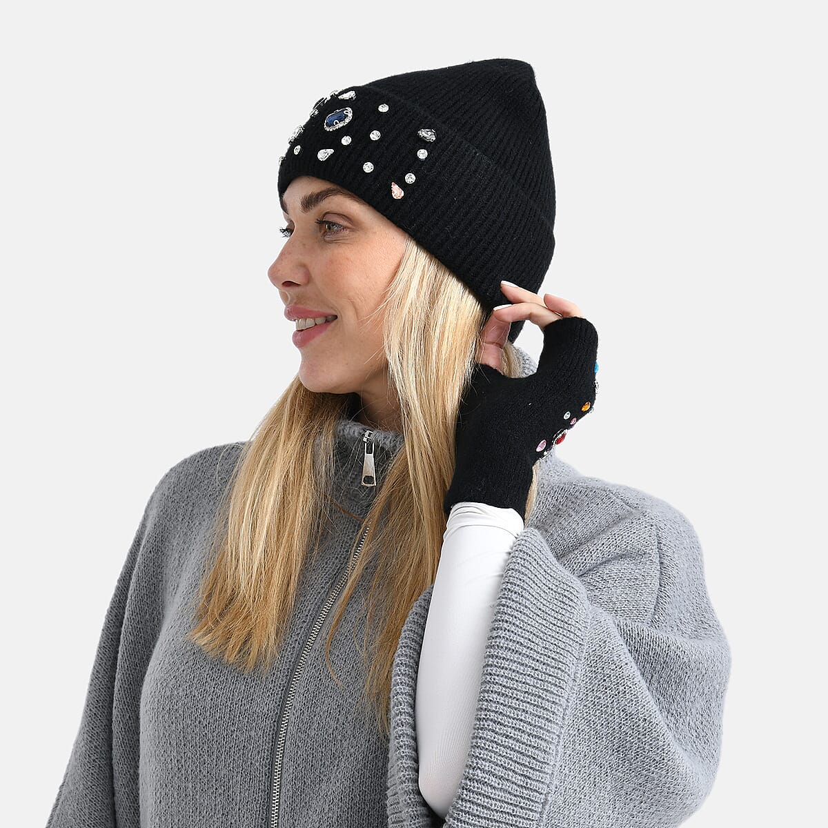 TAMSY Black Acrylic Heavy Knit Beanie with Multi Jewels image number 2