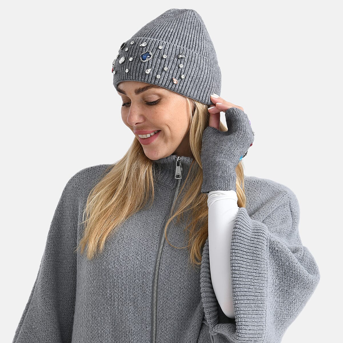 TAMSY Grey Acrylic Heavy Knit Beanie with Multi Jewels image number 1