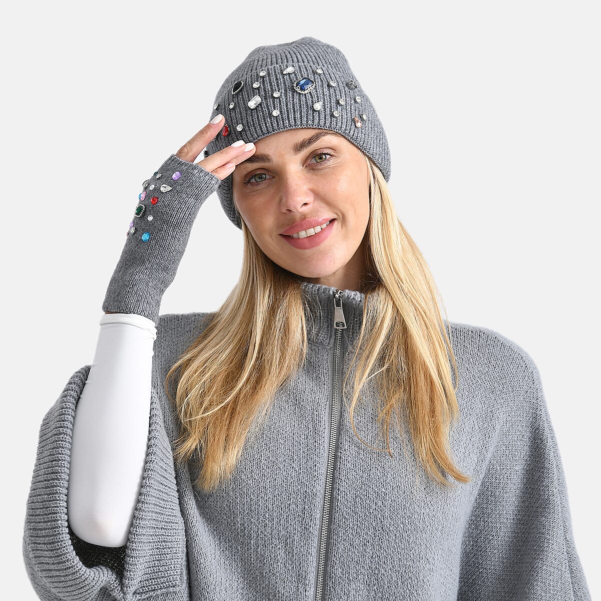 TAMSY Grey Acrylic Heavy Knit Beanie with Multi Jewels image number 2