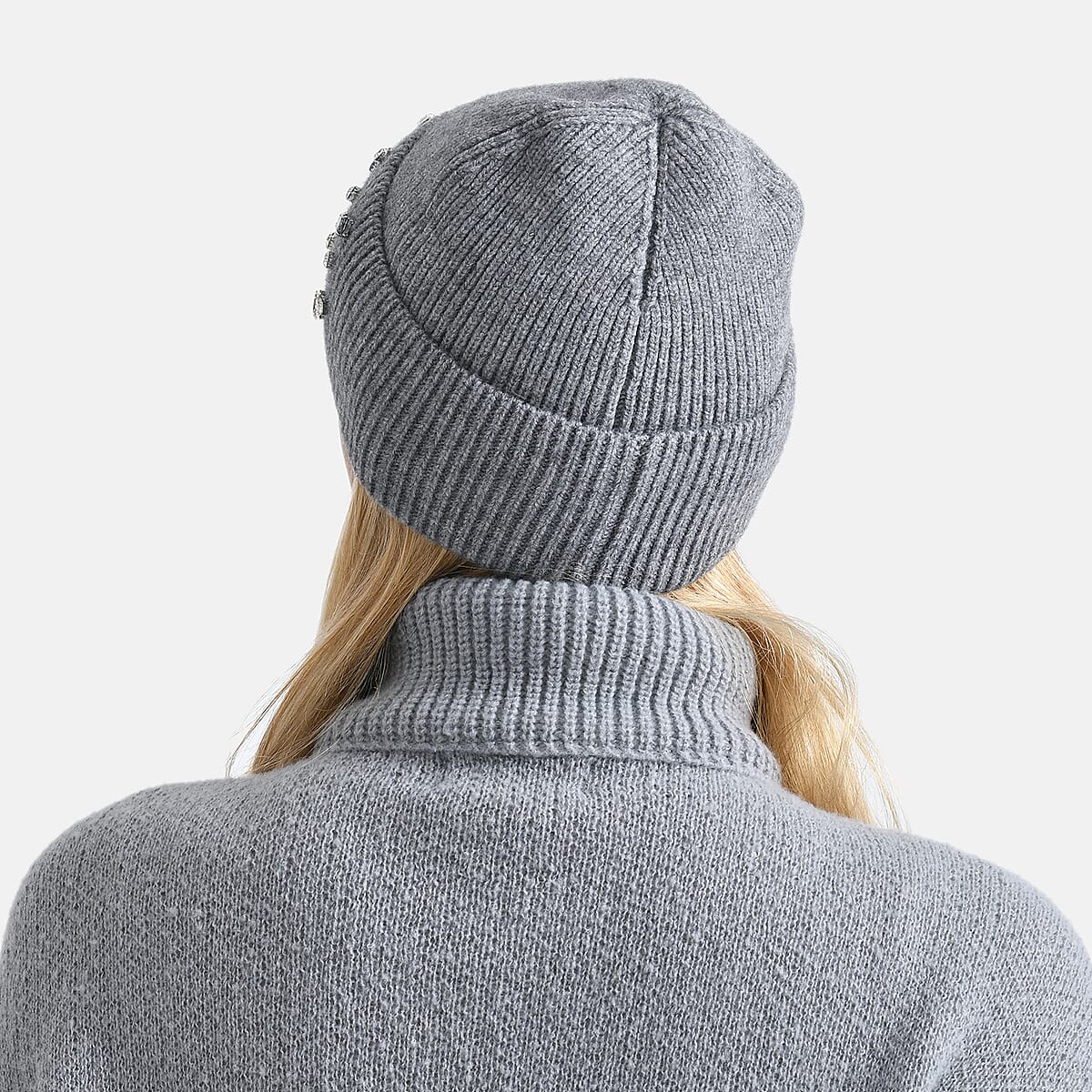 TAMSY Grey Acrylic Heavy Knit Beanie with Multi Jewels image number 3