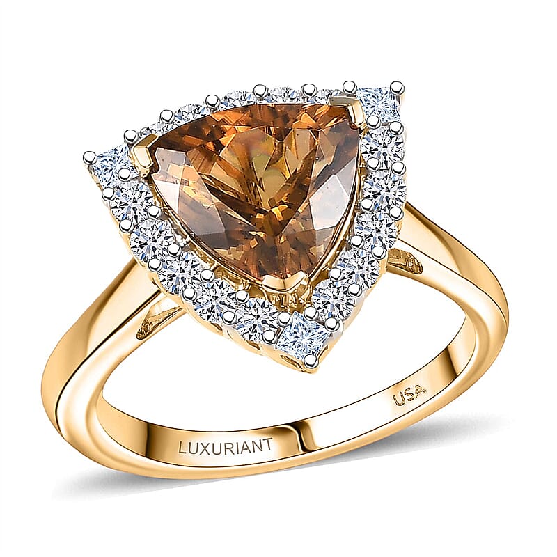 Certified and Appraised AAA Golden Turkizite, Lab Grown Diamond (G-H, SI) Ring in 10K Yellow Gold 3.42 ctw (Size 12.0)
