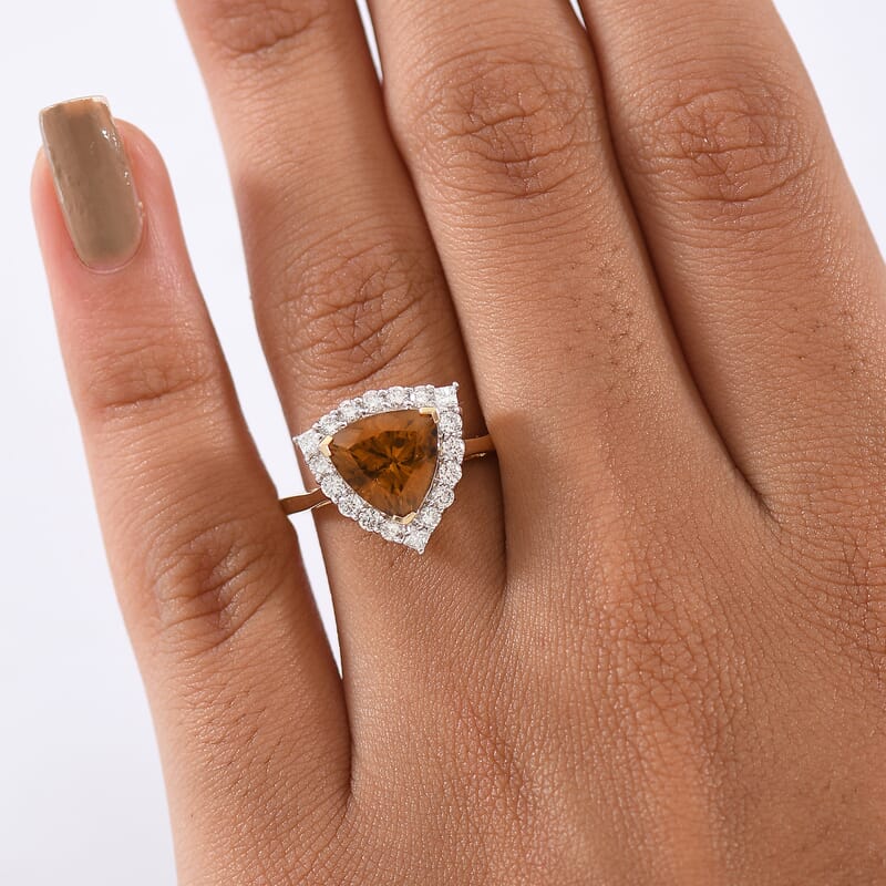 Certified & Appraised AAA Golden Turkizite, Lab Grown Diamond (G-H, SI) Ring in 10K Yellow Gold 3.42 ctw (Size 8.0)