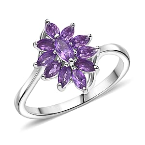 D'Joy African Amethyst Ring in Rhodium Over Sterling Silver 0.94 (Size 5.0) 1.00 ctw