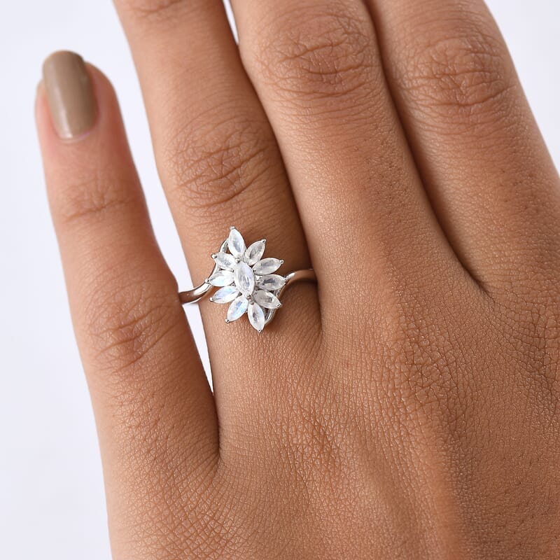 D'Joy Rainbow Moonstone 1.00 ctw Ring in Rhodium Over Sterling Silver (Size 5.0)