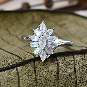D'Joy Rainbow Moonstone Ring in Rhodium Over Sterling Silver 1.00 ctw (Size 7.0)
