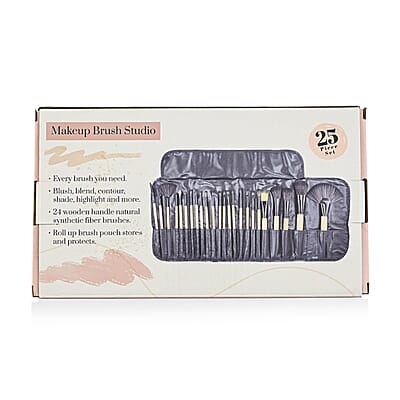 25 Piece Professional Make-up Brush Set in Black Cosmetic Case with Free Lipstick & Highlighter