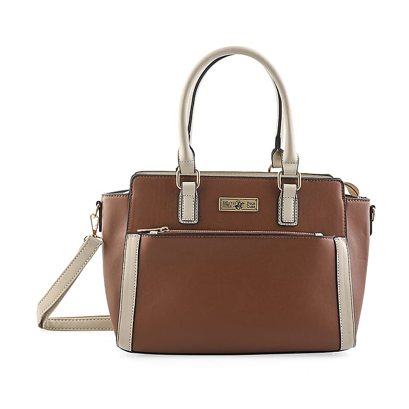 Closeout Beverly Hills Polo Club Brown & Tan Faux Leather Satchel (14x5x9)