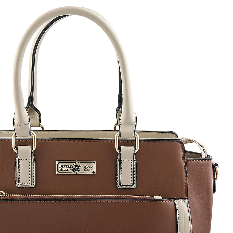 Closeout Beverly Hills Polo Club Brown & Tan Faux Leather Satchel (14x5x9)