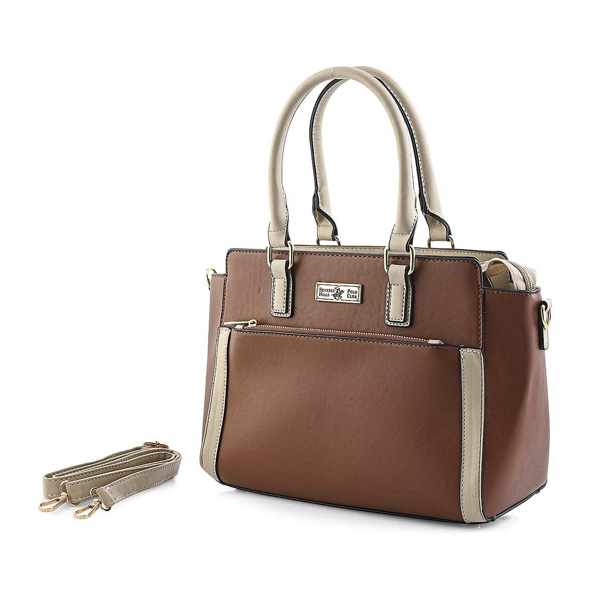 Beverly Hills Polo Club Brown & Tan Faux Leather Satchel (14"x5"x9") image number 6