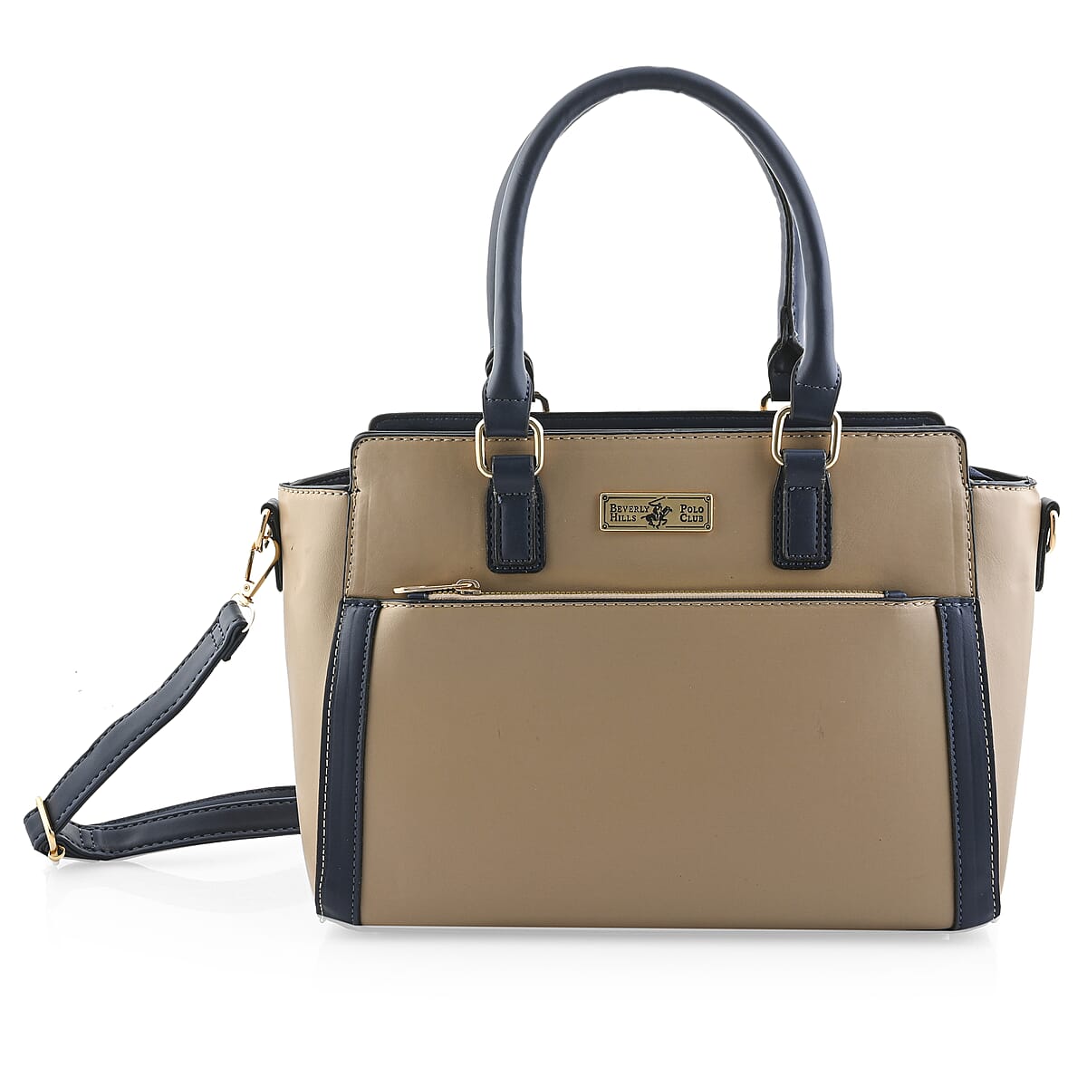 Closeout Beverly Hills Polo Club Camel & Navy Faux Leather Satchel image number 0