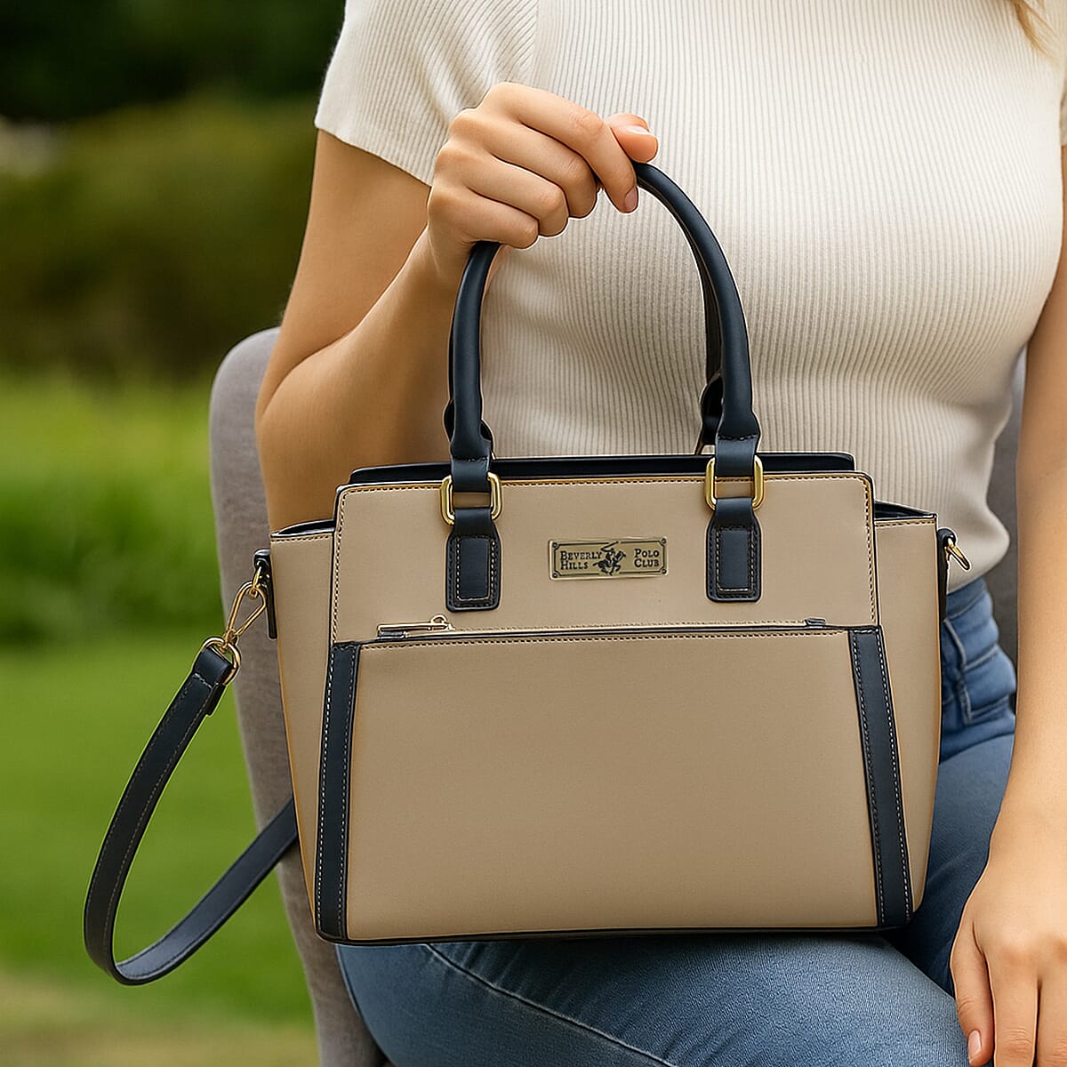 Closeout Beverly Hills Polo Club Camel & Navy Faux Leather Satchel image number 1