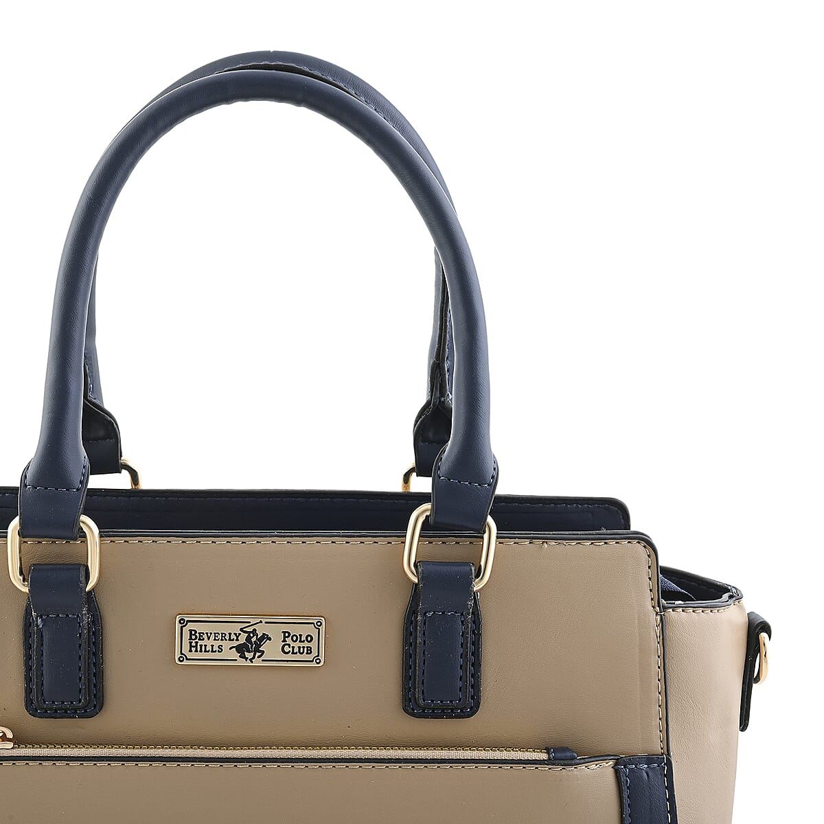 Closeout Beverly Hills Polo Club Camel & Navy Faux Leather Satchel image number 8