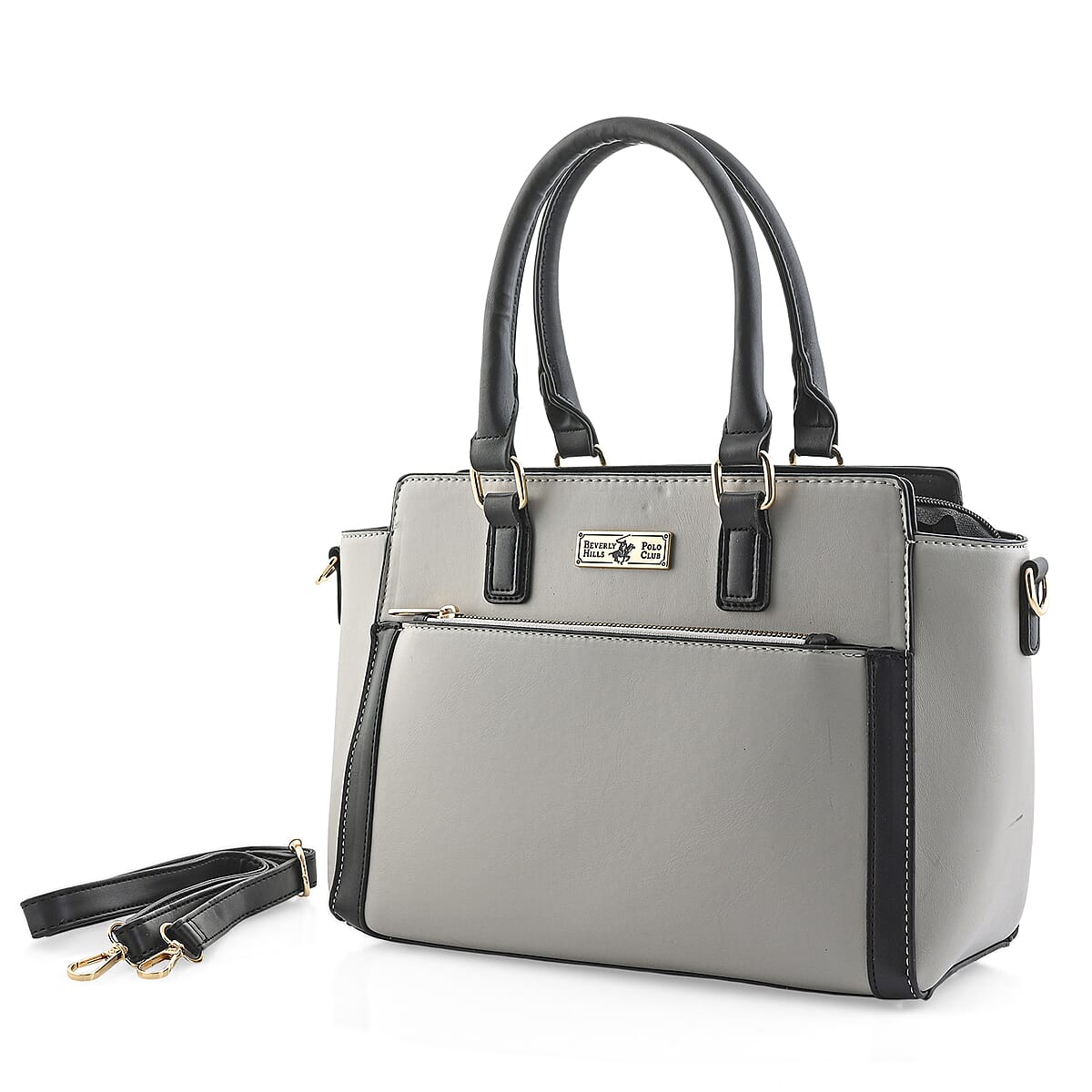 Closeout Beverly Hills Polo Club Grey & Black Faux Leather Satchel image number 3