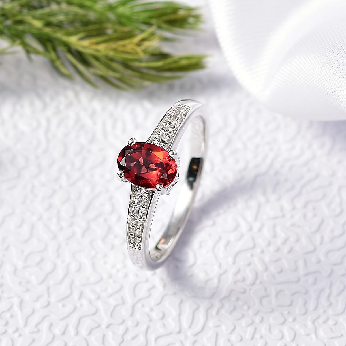 D'Joy Mozambique Garnet, White Zircon Ring in Rhodium Over Sterling Silver (Size 5.0) 1.25 ctw image number 1